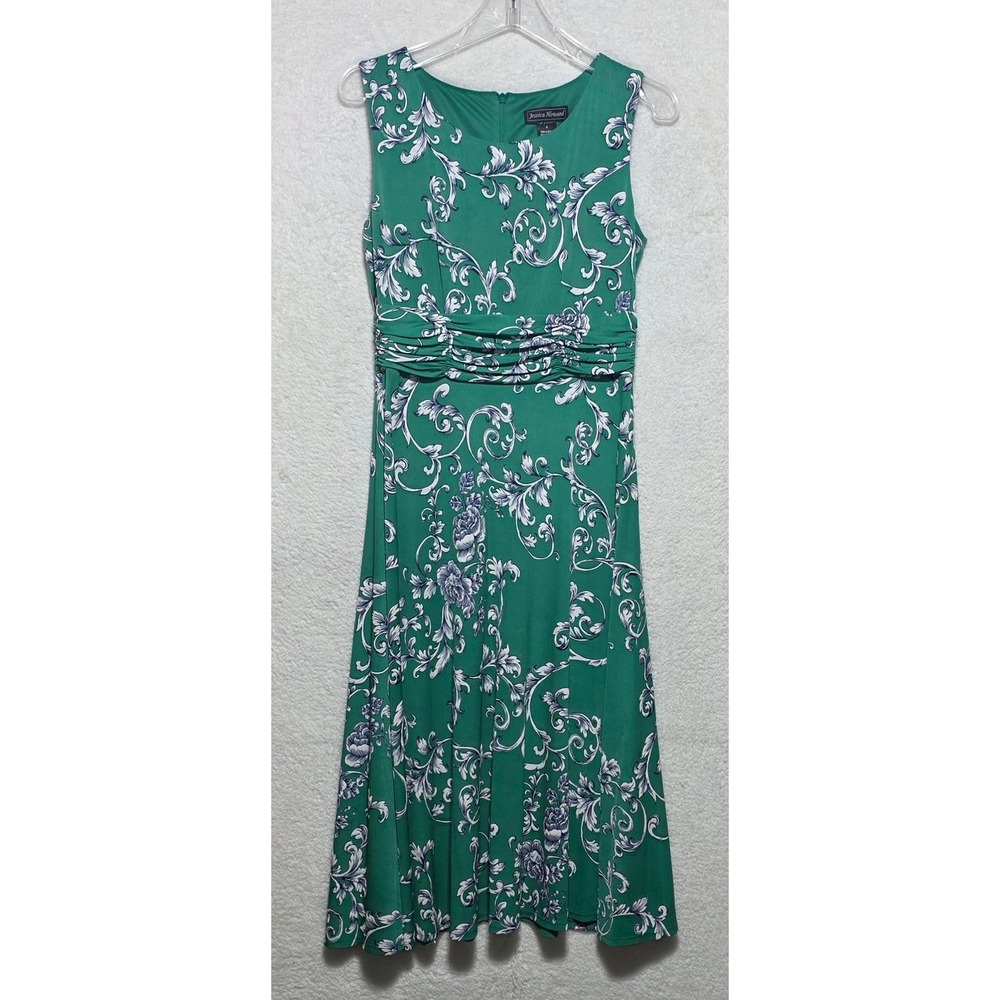 Jessica Howard Green Floral Scroll Ruched Empire Waist Midi Dress Size 6